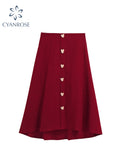 Dodobye Spring Women Red Mid Long Skirt Trendy Loose Vintage A Line Skirts Streetwear Female Korean Elegant High Waist Skirt Plus Size