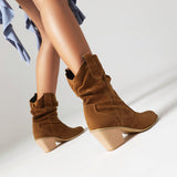 thanksgiving outfit Dodobye Flock Suede Female Mid Calf Boots Round Toe Slip On Pleated Chunky High Heels Leisure Bota 42 43 44