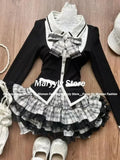 Dodobye Gothic Y2k Vintage Preppy Style 2 Piece Set Women Sweet Bow Knitted Cardigan Ruffles Plaid Mini Skirt Fashion Lolita Outfits New