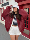 christmas outfit Dodobye 2025 New Chic Red Contrast Stitch Leather Bomber Jacket Women's Fashion Zipper Front Lapel Pocket Coat Fall Lady High Streetwear