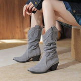 thanksgiving outfit Dodobye Pleated Women Mid Calf Boots Toe Block Heels 6cm Slip On Flock Suede Size 44 45 Daily Bota