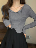 Dodobye-Solid V Neck Slit Hem Long Sleeve Knit