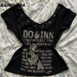 Dodobye E-girl Gothic Grunge Top Millennium Y2K Punk Rock Black Letter T-shirt Top Striped Strap American Design Two Piece Set