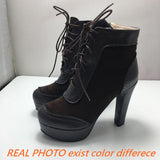 thanksgiving outfit Dodobye Ankle Boots Lace Up Flock Platforms Round Toe Block Heel Short Plush Black Yellow Grey A4506