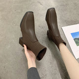 Dodobye Autumn and Winter New Chunky Mid-heel Square Ankle Boots for Women Knitted Apricot Skinny Socks Single Boots