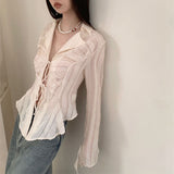 Dodobye Sexy Lace Up Women Blouse Long Sleeve Spring New Turn-Down Collar Shirt White Y2K Korean Fashion Ladies Tops