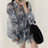 Dodobye Vintage Shirt Women Harajuku Tie Dye Print Korean Loose Casual Chiffon Blouse Autumn Holiday Transparent Gothic Hippie Top