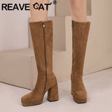 thanksgiving outfit Dodobye Women Knee High Boots Flock Suede Round Toe Block Heels 9cm Platform 2cm Slip On 45 46 47 Concise Daily Female Booties