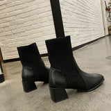 Dodobye Autumn and Winter New Chunky Mid-heel Square Ankle Boots for Women Knitted Apricot Skinny Socks Single Boots