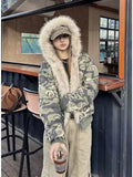 Dodobye American Fashion Camouflage Plush Hat Jacket Coat Y2K High Street Hip hop Harajuku Loose Women Make Hoodies Fashion Streetwear