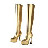 thanksgiving outfit Dodobye 14.5cm Block Heel 5cm Platform Over Knee Thigh High Boots Pointed Toe Faux Leather Gold Big Size 47 48 US17