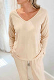 Dodobye V Neck Ribbed Long Sleeve Two-Piece Set