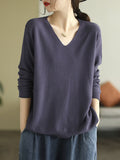 christmas outfit Dodobye Long Sleeves Loose Solid Color V-Neck Sweater Tops