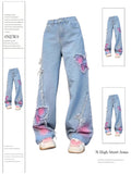 Dodobye Women's Blue Butterfly Jeans Baggy Vintage Y2k Denim Trousers 2000s Harajuku Wide Leg Cowboy Pants Trashy 90s Aesthetic Clothes