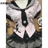 Dodobye Lolita Girl Inspired College Style Lace Patchwork Lace Waist Slimming Shirt Black Striped Cake Fluffy Short Skirt Sets