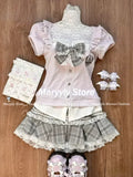 Dodobye Japanese Sweet Preppy Style Skirt Set Women Kawaii Lace Patchwork Bow Tops + Y2k Plaid Mini Skirt Elegant Outifits 2 Piece Set