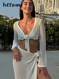 Dodobye Sexy Knit Hollow Out Crop Vest Skirt Sets Women V-neck Long Sleeve Lace Up Vests Split Long Skirts 2024 Summer Lady Beach Outfit