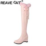 thanksgiving outfit Dodobye REAVE Over-Knee High Boots Round Toe Wedges Ribbons Size 34-43 Sweet Pink White Black S2721