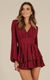 Dodobye-New Solid Color V-neck Lantern Perspective Sleeve Dress