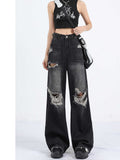 Dodobye Women's Y2k Baggy Ripped Jeans Japanese 2000s Style Black Gothic Denim Trousers Harajuku Vintage Jean Pants Emo Trashy Clothes