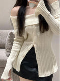 Dodobye-Long Sleeve Off-Shoulder Ribbed-Knit Sweater