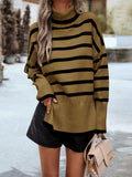 christmas outfit Dodobye Long Sleeves Loose Contrast Color Split-Side Striped High Neck Pullovers Sweater Tops