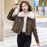 thanksgiving outfit Dodobye Women's Autumn Winter New Style Leather Jacket Large Collar Fleece Lined And Thickened Petite Jacket PULeather ZH1138