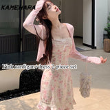 Dodobye Japanese Y2k Sweet Spicy Small Satin Textured Floral Lace Camisole Dress Casual Slim Fit Cardigan Two-piece Sets Платье