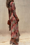 Dodobye-Stylish tie-dye mesh overlay printed long-sleeve ruffled stretch maxi dress