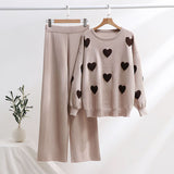 Dodobye Heart Printed Knitted Sweater Pants Sets Women Long Sleeve Oversize Pullover High Waist Wide Leg Trousers Suits 2 Pieces Outfits