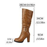 thanksgiving outfit Dodobye Women Knee High Boots Round Toe Block Heels 9cm Buckles 34cm High 49 48 Vintage Riding Booties