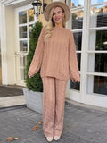 Dodobye Casual Solid Knit Women Sweater Sets High Waist Wide Leg Lady Long Pant Suit 2025 Autumn Full Sleeve O Neck Female Top Set