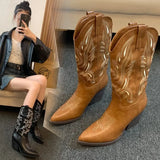 Dodobye High Heels Mid Calf Pleated Boot for Women Autumn Winter Brown Pu Leather Western Boots  Thick Heeled Cowgirl Zapatos Mujer