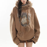 Dodobye Y2K Womens New Winter Maillard Hottie Fur Collar Hoodie Retro Cat Print Pattern Hooded Sweatshirt Loose Thickened Simple Hoodies