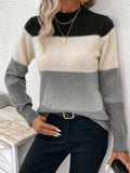 christmas outfit Dodobye Long Sleeves Contrast Color Round-Neck Pullovers Sweater Tops