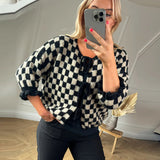 Dodobye Plaid Lace Up Bow Female Cardigan Flare Sleeve O Neck Women Sweater 2025 Autumn Fashion Casual Loose Elegant Knit Lady Top