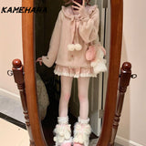 Dodobye Autumn French Sweet Pink Collar Bubble Sleeve Knitted Cardigan Harajuku Style Versatile Short Skirt Y2k Two Piece Sets