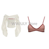 Dodobye Woman 90s Aesthetic Fashion 3 Piece Set Spicy Girls Plaid Bra + White Print Long Sleeve Tops + Red Y2k Mini Skirt Korean Style