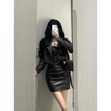 thanksgiving outfit Dodobye 2024 Autumn New Women's Cropped Leather Jacket Tank Dress Slimming Bodycon Skirt Trendy Fashionable Female Dress Set