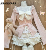 Dodobye Japanese Cute Little Fresh Camisole Y2k Subculture Pink Slimming Cardigan Fashion Patchwork Cake Skirt Three Piece Sets