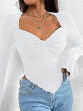 Dodobye-Solid V Neck Ruched Irregular Hem Knit Long Sleeve Tee