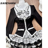 Dodobye American Retro College Style Gray White Checkered Cake Half Skirt Bow Black Slimming Patchwork Cardigan Two-piece Sets