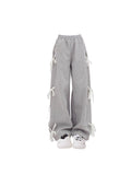 Dodobye Women's Grey Lace Lace-up Pants Vintage Y2k Harajuku 90s Aesthetic Sweatpants Retro High Waist Wide Trousers 2000s Clothes 2025