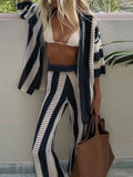 Dodobye Casual Knit Stripe Pants Sets Women Loose Lapel Button Shirt Wide Leg Hollow Out Pant 2024 Summer Lady Fashion Beach Outfits New