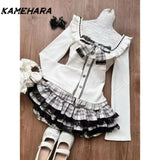 Dodobye Cute Soft Girl Style Gray White Checkered Lace Patchwork Short Skirt Bow Waist Cinching Patchwork Top Autumn Y2k Sets