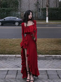 Dodobye 2025 Spring Women Elegant Long Slevee Midi Dress Female Red Square Collar Ruffle Party Dress Christmas Irregular Prom Dress