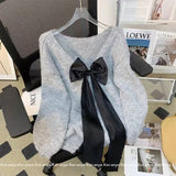 Black Friday Dodobye Bow Sexy Backless Women Sweater Knitted Reversible Gray Loose Lazy Chic Pullover Simple Harajuku Sweet Student Jumpers