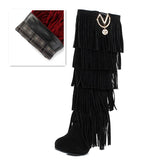 thanksgiving outfit Dodobye size 32-43 Flock Fur Women boots High heels Knee boots Fringe Tassels Fashion Black Red ZL4150