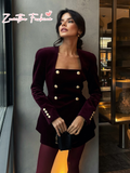 christmas outfit Dodobye 2025 New Burgundy Women's Elegant Velvet Mini Skirt Set Chic Square Neck Metal Buttons Slim Tops Suit Lady Fashion Formal Outfit