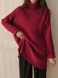 christmas outfit Dodobye Casual Long Sleeves Loose Split-Side Solid Color High-Neck Sweater Tops